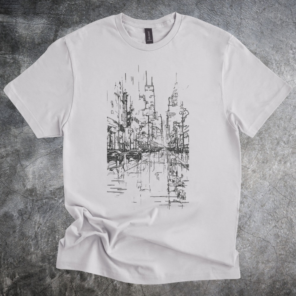 Urban City Outline Graphic Tee Artistic Black and White Design